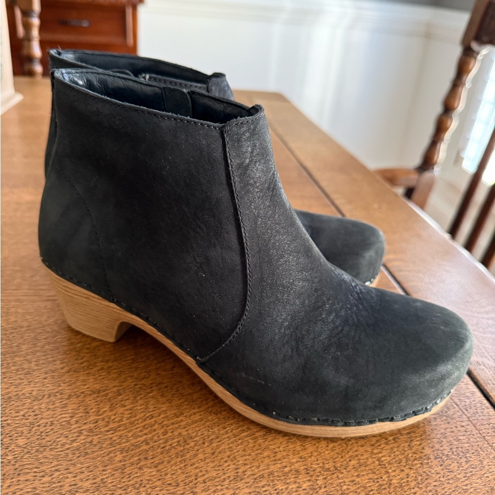 Dansko Black Ankle Booties with Tan Sole